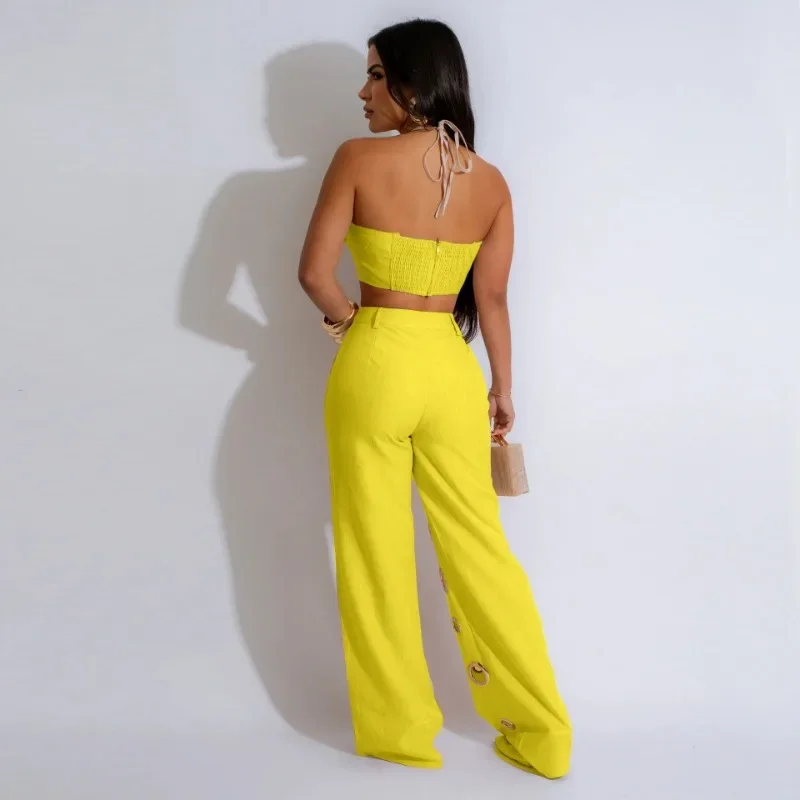 Metal Ring Hollow Out Two Piece Set Women Sexy Strapless Lace Up Halter Backless Crop Tops + Wide Leg Pants Casual Street Suits