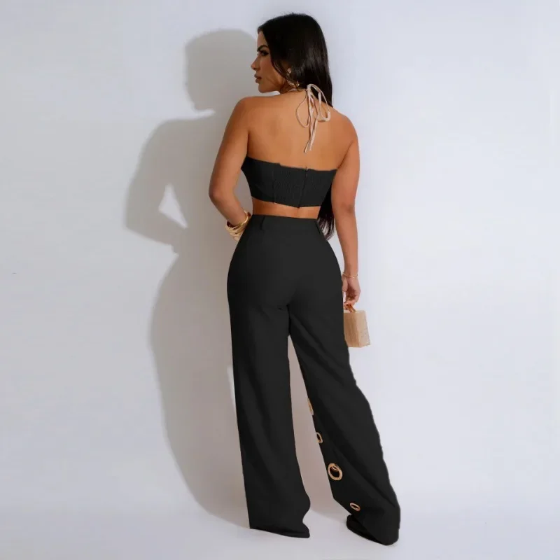 Metal Ring Hollow Out Two Piece Set Women Sexy Strapless Lace Up Halter Backless Crop Tops + Wide Leg Pants Casual Street Suits
