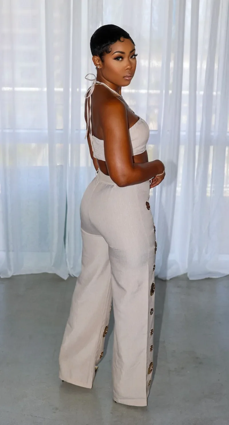 Metal Ring Hollow Out Two Piece Set Women Sexy Strapless Lace Up Halter Backless Crop Tops + Wide Leg Pants Casual Street Suits