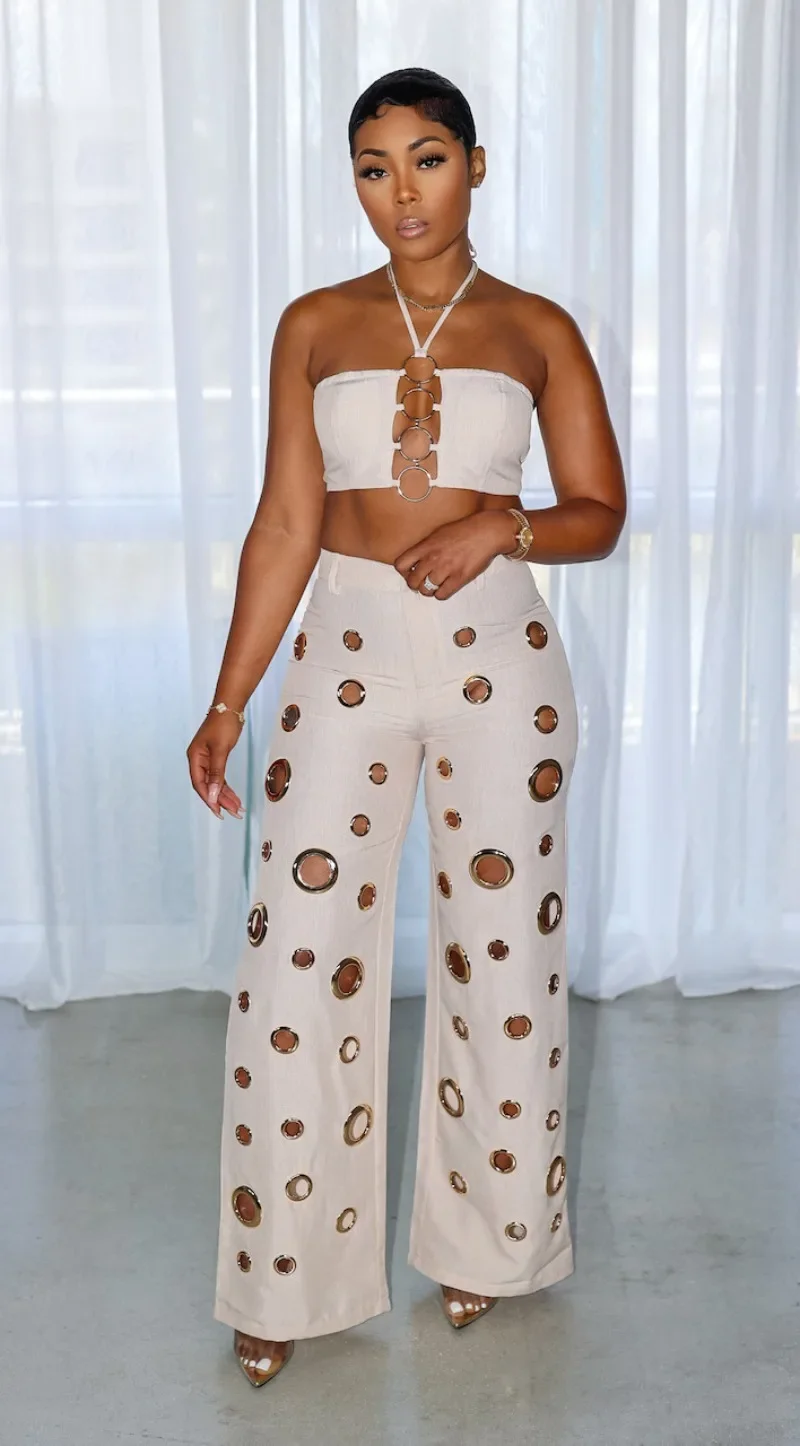 Metal Ring Hollow Out Two Piece Set Women Sexy Strapless Lace Up Halter Backless Crop Tops + Wide Leg Pants Casual Street Suits