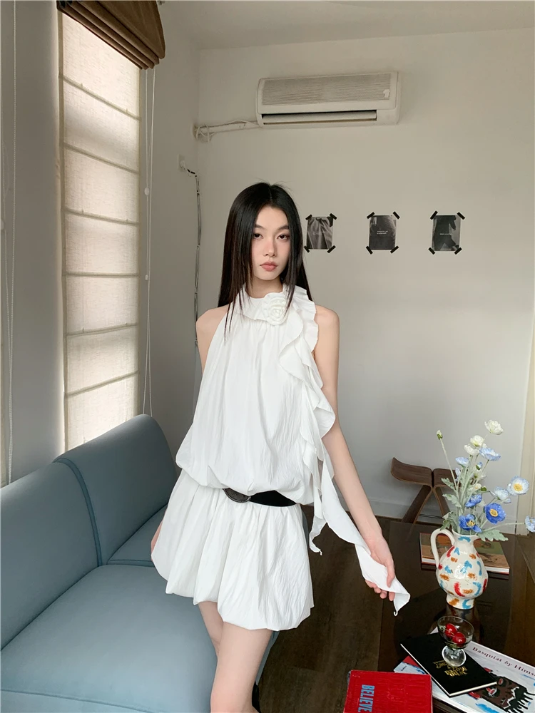 CHEERART White Ruffles Y2k Fashion Halter Dress 2024 Women Summer Sleeveless Bud Mini Short Dress Designer Clothes