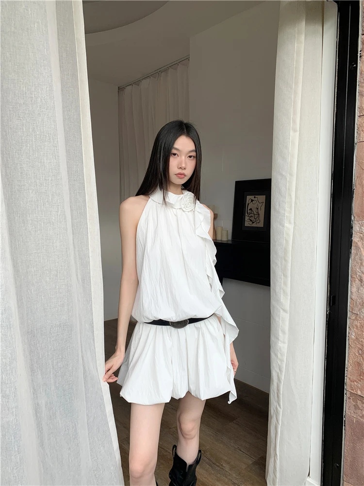 CHEERART White Ruffles Y2k Fashion Halter Dress 2024 Women Summer Sleeveless Bud Mini Short Dress Designer Clothes