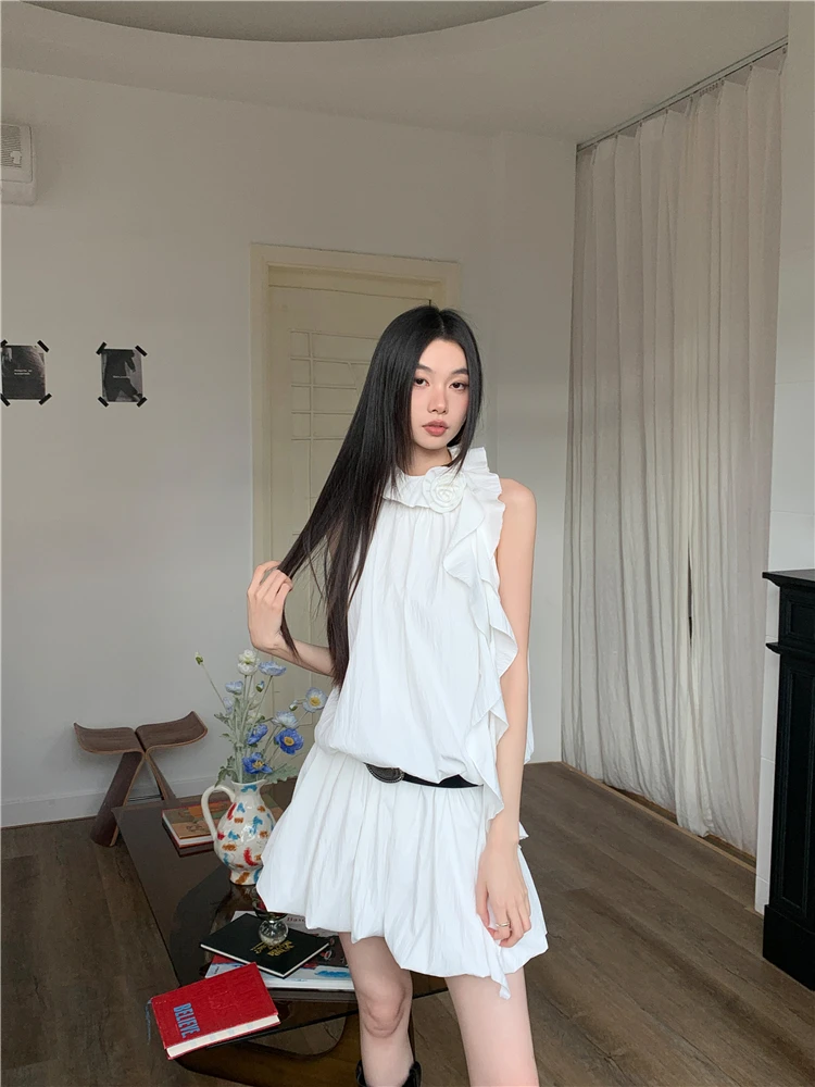 CHEERART White Ruffles Y2k Fashion Halter Dress 2024 Women Summer Sleeveless Bud Mini Short Dress Designer Clothes