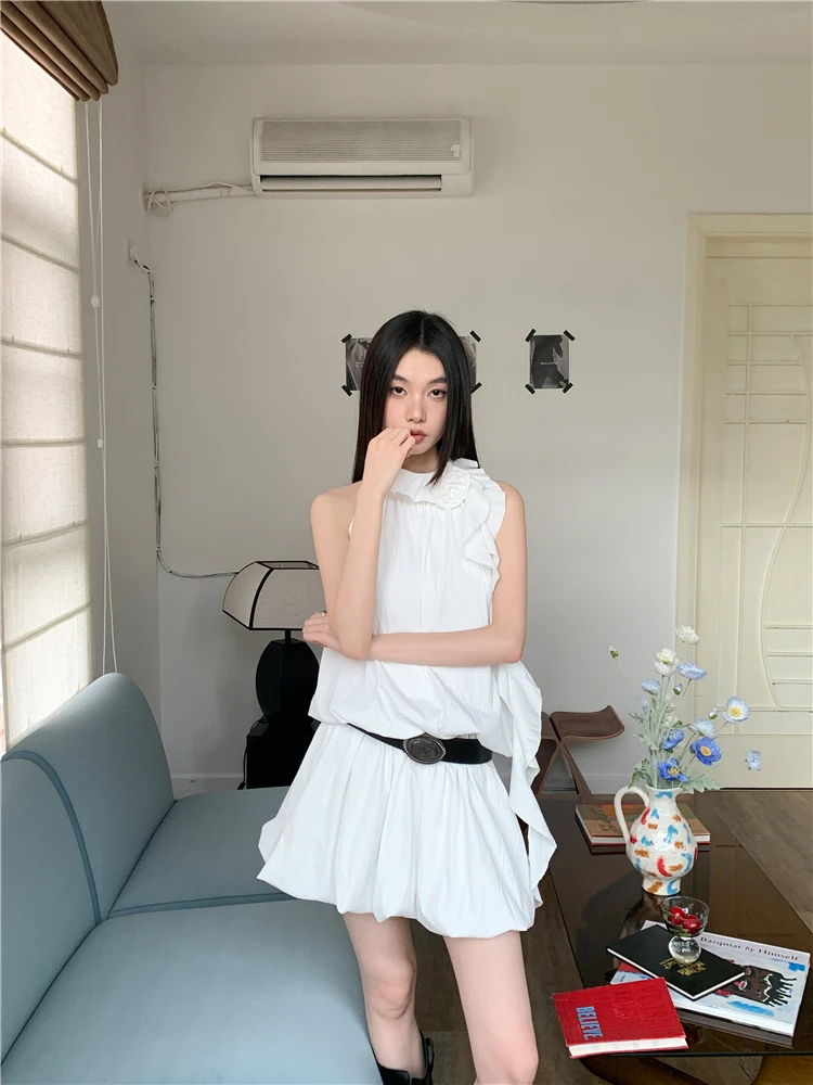 CHEERART White Ruffles Y2k Fashion Halter Dress 2024 Women Summer Sleeveless Bud Mini Short Dress Designer Clothes