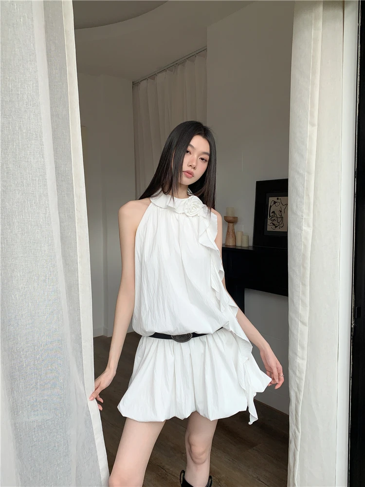 CHEERART White Ruffles Y2k Fashion Halter Dress 2024 Women Summer Sleeveless Bud Mini Short Dress Designer Clothes