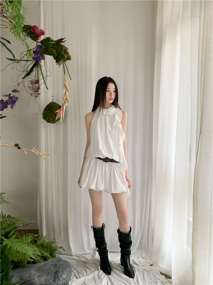 CHEERART White Ruffles Y2k Fashion Halter Dress 2024 Women Summer Sleeveless Bud Mini Short Dress Designer Clothes