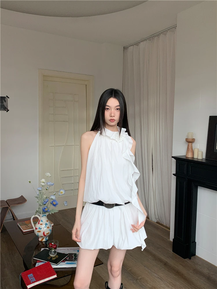 CHEERART White Ruffles Y2k Fashion Halter Dress 2024 Women Summer Sleeveless Bud Mini Short Dress Designer Clothes