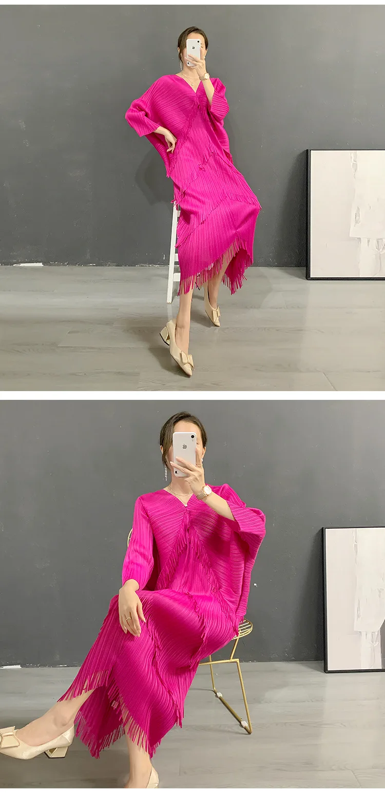 Fringe Fringed Skirt Summer New Solid Color V-neck Bat Sleeve Western-style Casual Party Dress Women's 2024 Hot Sale.