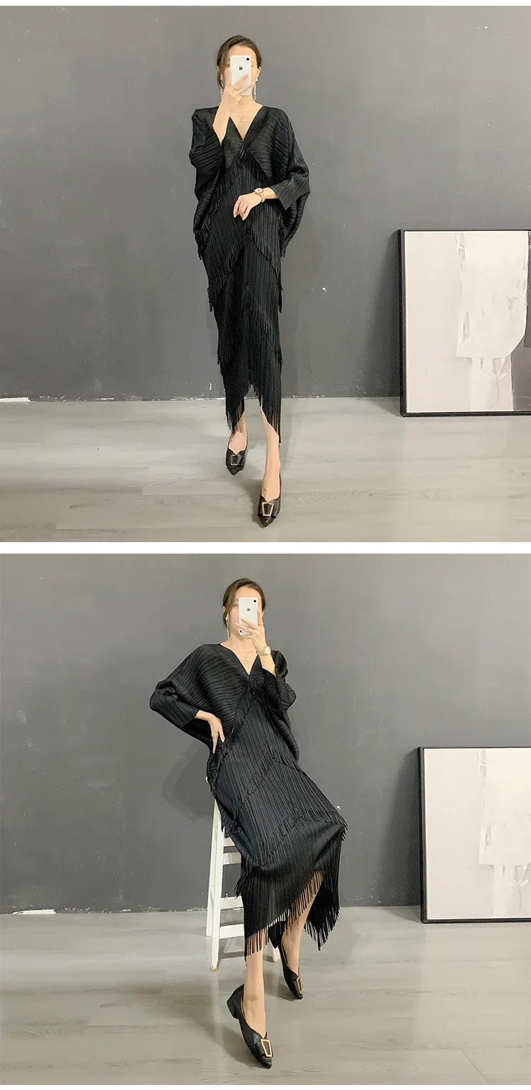 Fringe Fringed Skirt Summer New Solid Color V-neck Bat Sleeve Western-style Casual Party Dress Women's 2024 Hot Sale.