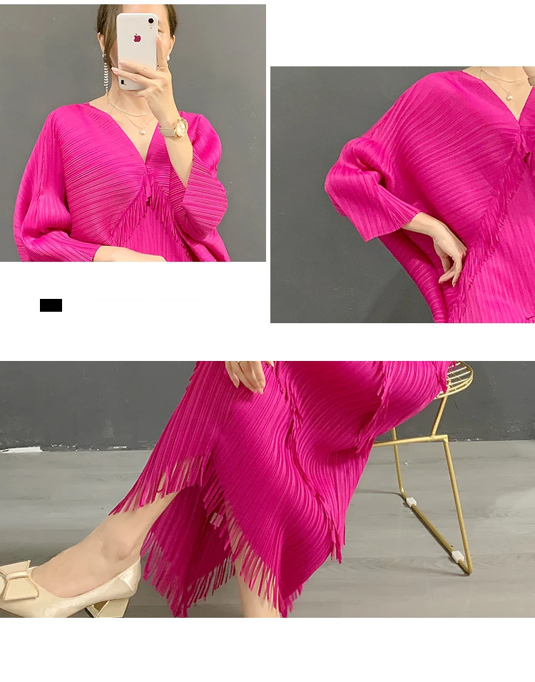 Fringe Fringed Skirt Summer New Solid Color V-neck Bat Sleeve Western-style Casual Party Dress Women's 2024 Hot Sale.