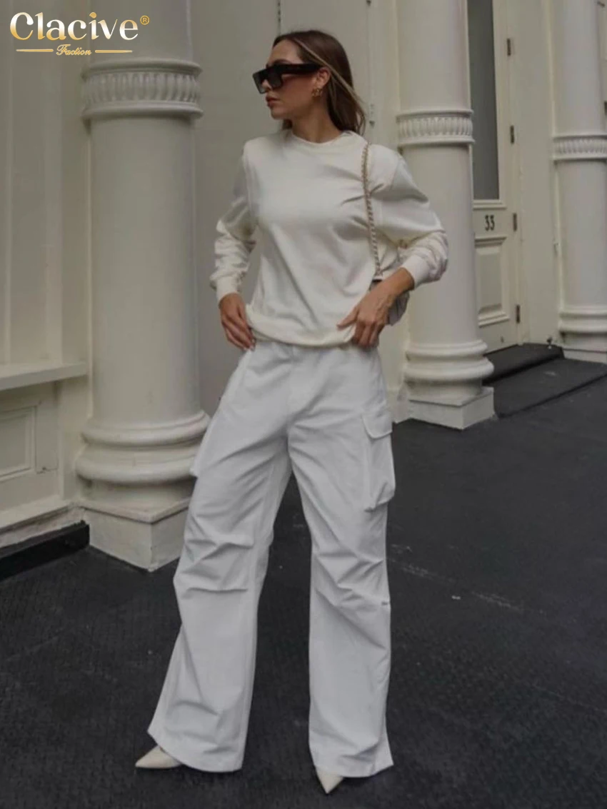 Clacive Fashion Loose White Women'S Pants Elegant High Waist Full Length Cargo Pants Streetwear Straight Trousers Female Pockets
