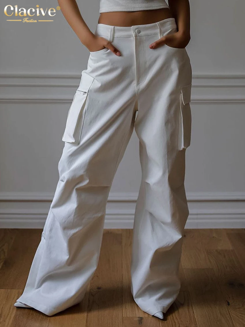 Clacive Fashion Loose White Women'S Pants Elegant High Waist Full Length Cargo Pants Streetwear Straight Trousers Female Pockets