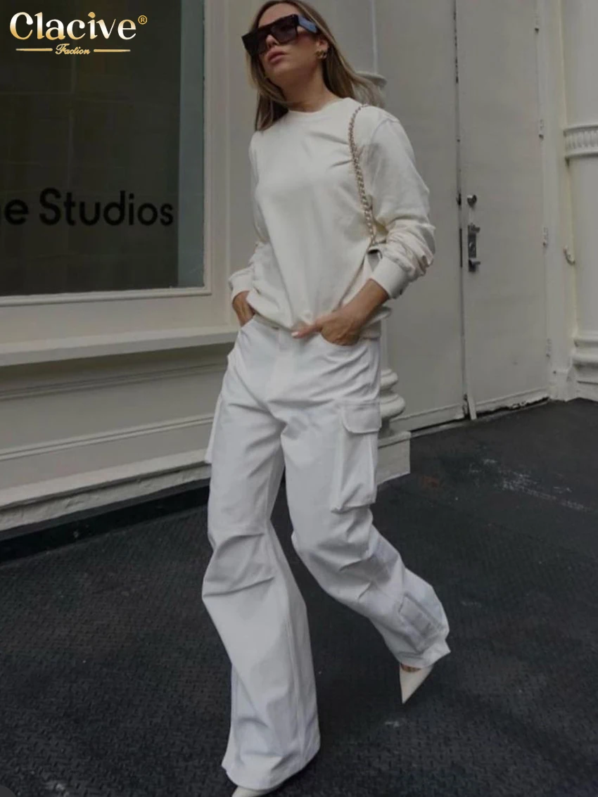 Clacive Fashion Loose White Women'S Pants Elegant High Waist Full Length Cargo Pants Streetwear Straight Trousers Female Pockets