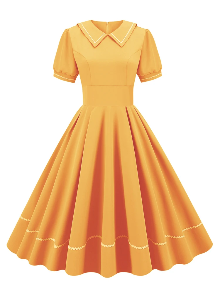 Tonval Sailor Collar Short Sleeve Vintage Style High Waist Swing Dresses Elegant for Women Blue Evening Gowns Pleated Dress