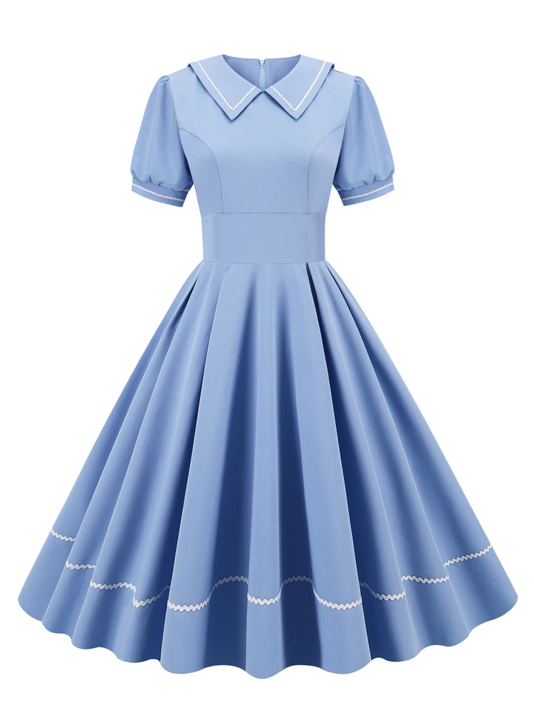 Tonval Sailor Collar Short Sleeve Vintage Style High Waist Swing Dresses Elegant for Women Blue Evening Gowns Pleated Dress
