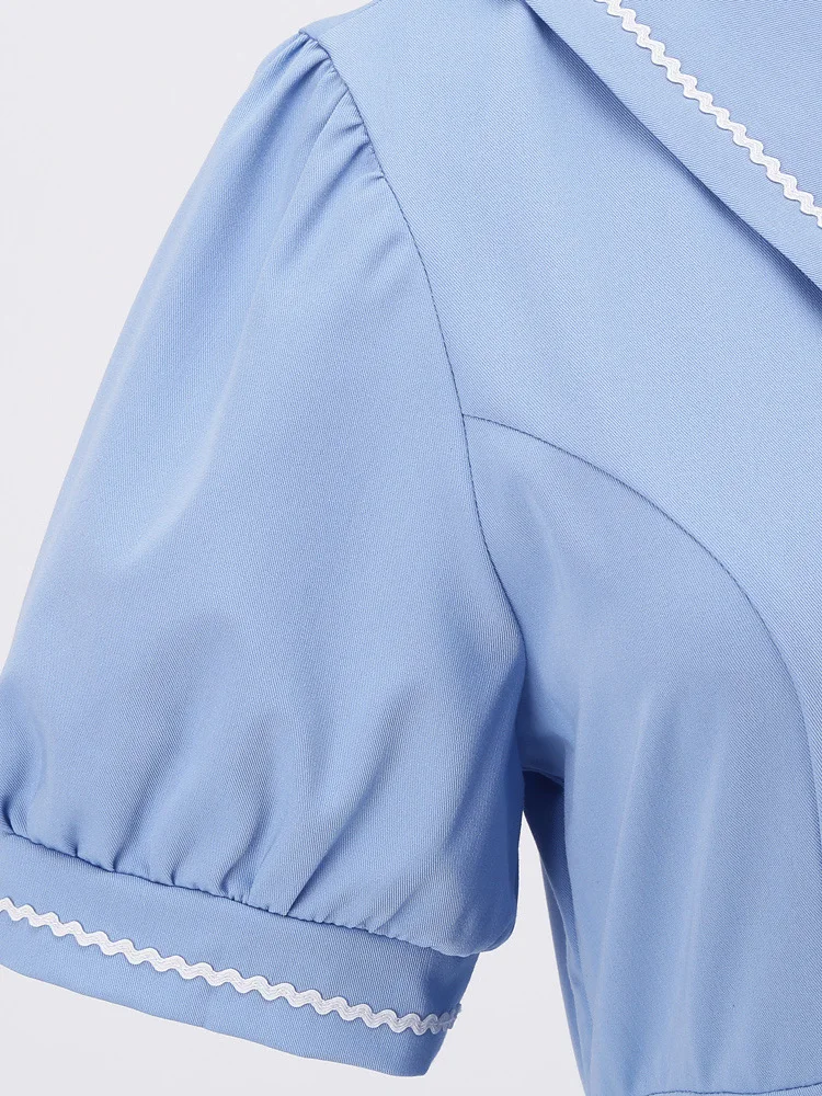 Tonval Sailor Collar Short Sleeve Vintage Style High Waist Swing Dresses Elegant for Women Blue Evening Gowns Pleated Dress