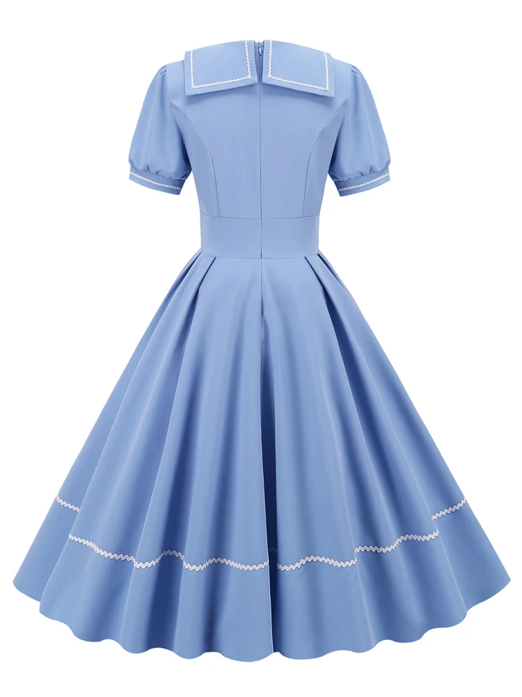 Tonval Sailor Collar Short Sleeve Vintage Style High Waist Swing Dresses Elegant for Women Blue Evening Gowns Pleated Dress