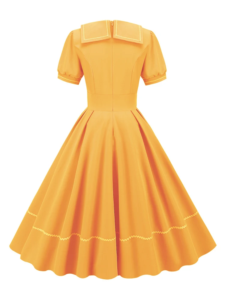 Tonval Sailor Collar Short Sleeve Vintage Style High Waist Swing Dresses Elegant for Women Blue Evening Gowns Pleated Dress