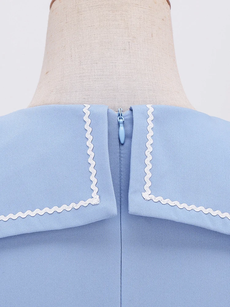 Tonval Sailor Collar Short Sleeve Vintage Style High Waist Swing Dresses Elegant for Women Blue Evening Gowns Pleated Dress
