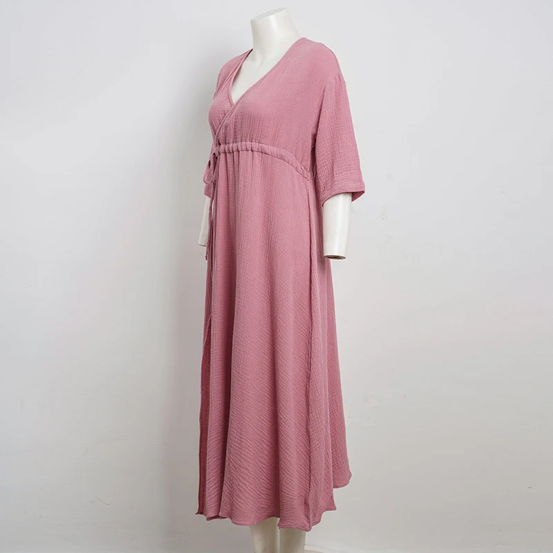 Elegant Party Dresses Women 100% Cotton Muslin Gauze Holiday Beach Casual Corset Waistband Ladies Robe Loose Soild Sundress