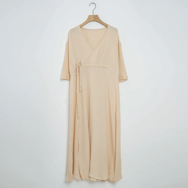 Elegant Party Dresses Women 100% Cotton Muslin Gauze Holiday Beach Casual Corset Waistband Ladies Robe Loose Soild Sundress