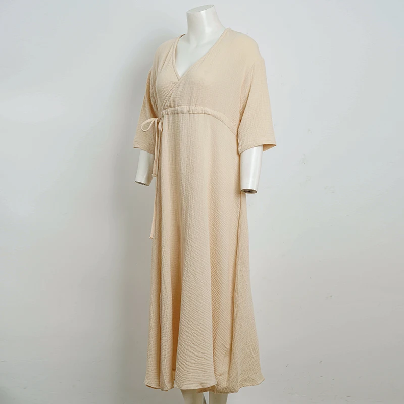 Elegant Party Dresses Women 100% Cotton Muslin Gauze Holiday Beach Casual Corset Waistband Ladies Robe Loose Soild Sundress