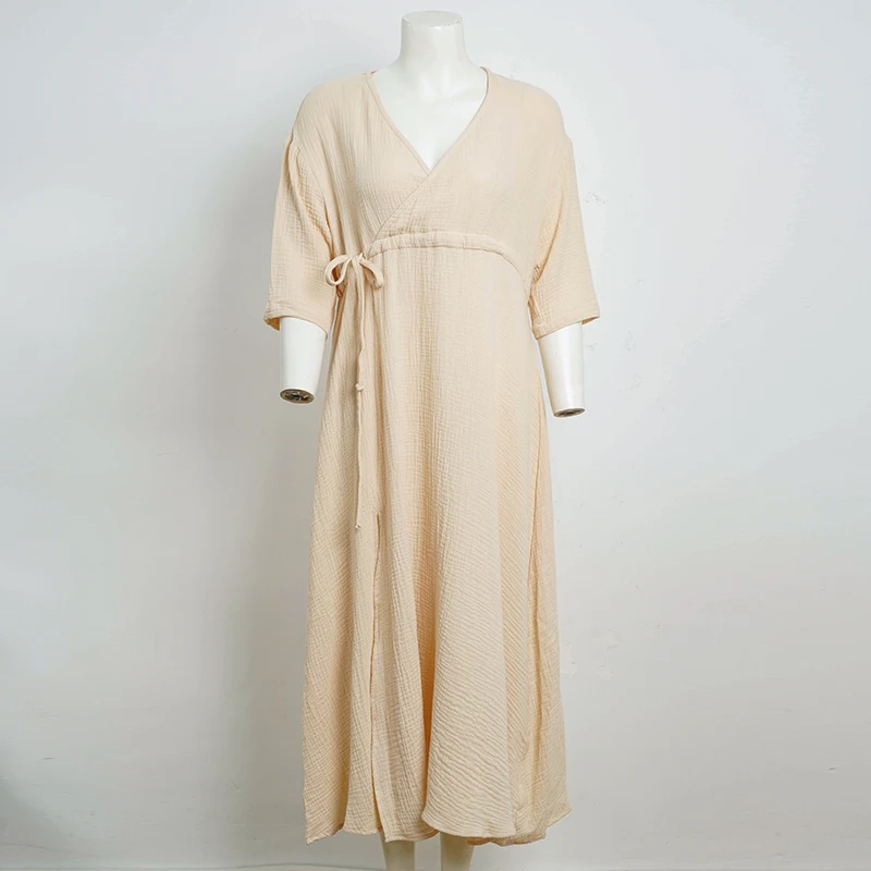 Elegant Party Dresses Women 100% Cotton Muslin Gauze Holiday Beach Casual Corset Waistband Ladies Robe Loose Soild Sundress