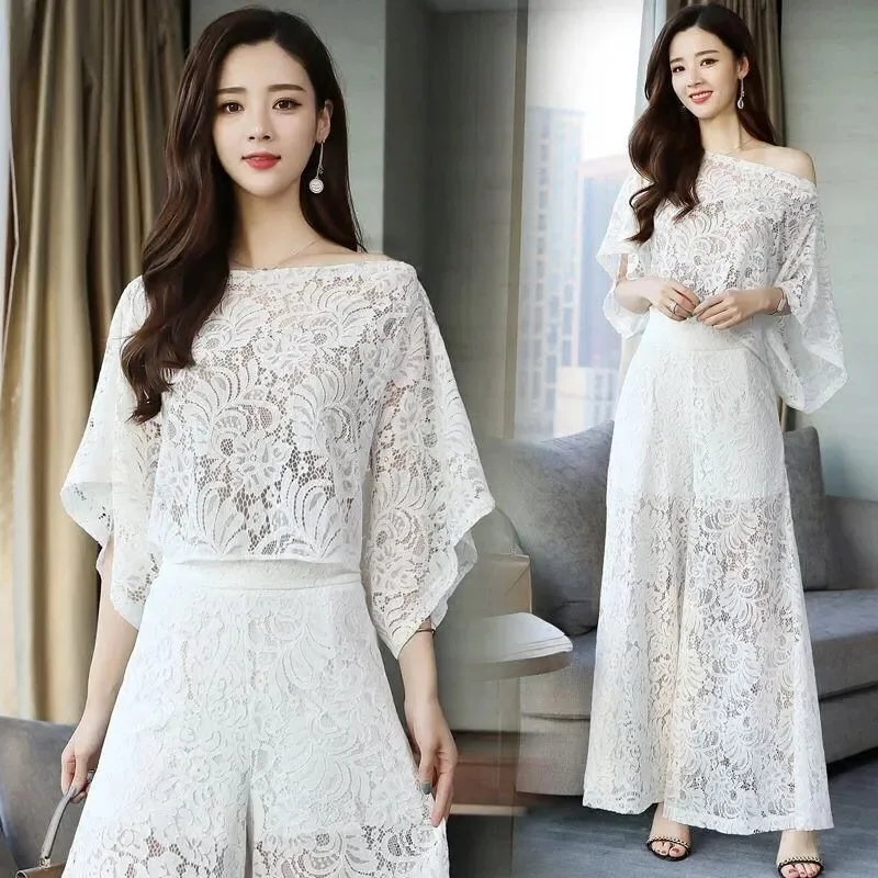 Lace Pants Wide Leg Pants Suit Foreign Style Small Xiangfeng 2024 New Fashion Shawl Skirt Two-Piece Set Summer Women's Tide X444