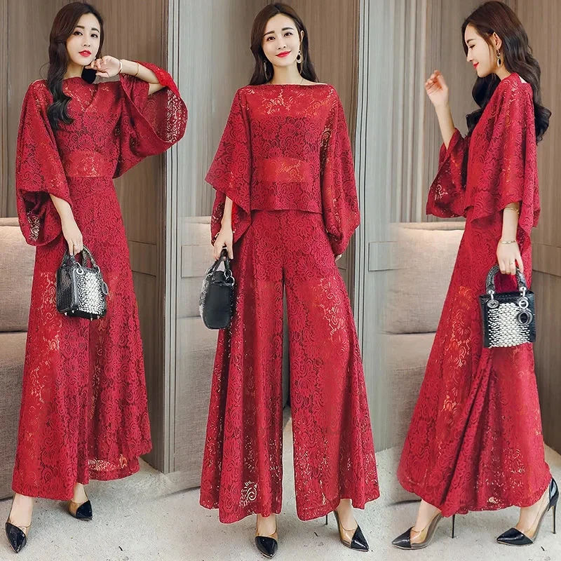Lace Pants Wide Leg Pants Suit Foreign Style Small Xiangfeng 2024 New Fashion Shawl Skirt Two-Piece Set Summer Women's Tide X444