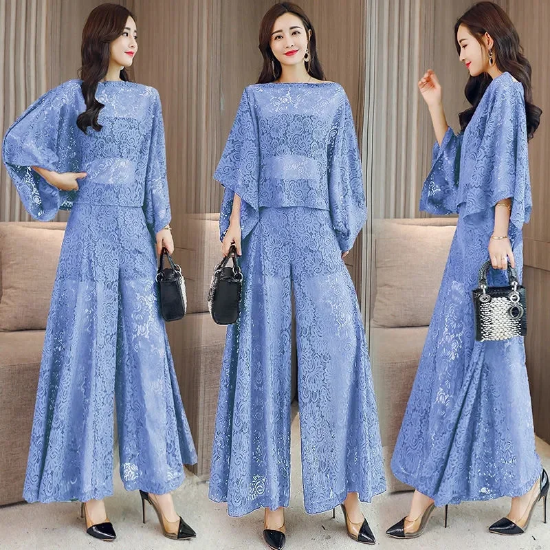 Lace Pants Wide Leg Pants Suit Foreign Style Small Xiangfeng 2024 New Fashion Shawl Skirt Two-Piece Set Summer Women's Tide X444