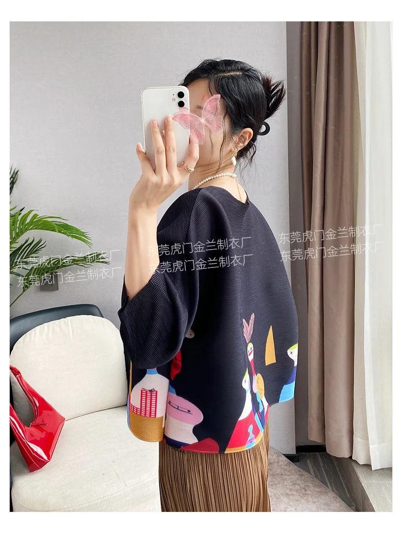 Miyake Pleated Women's Fashion Tops Loose Plus Size Hundred Matching Printed Seven-minute Sleeve T-shirt 2024 Spring Autumn New
