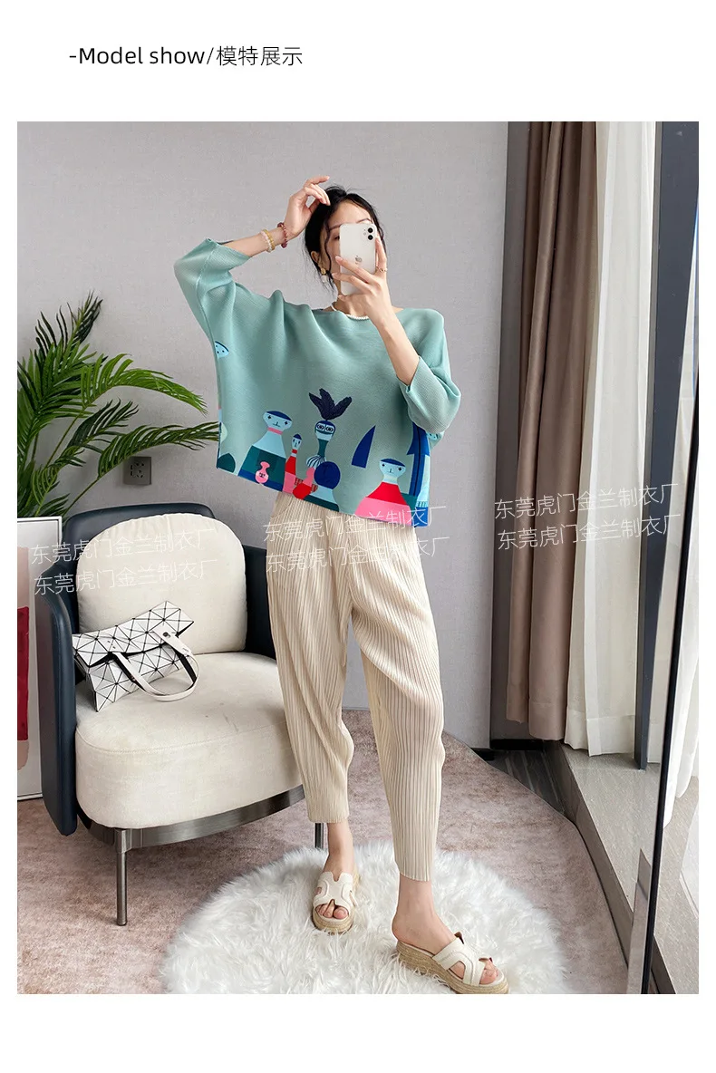 Miyake Pleated Women's Fashion Tops Loose Plus Size Hundred Matching Printed Seven-minute Sleeve T-shirt 2024 Spring Autumn New