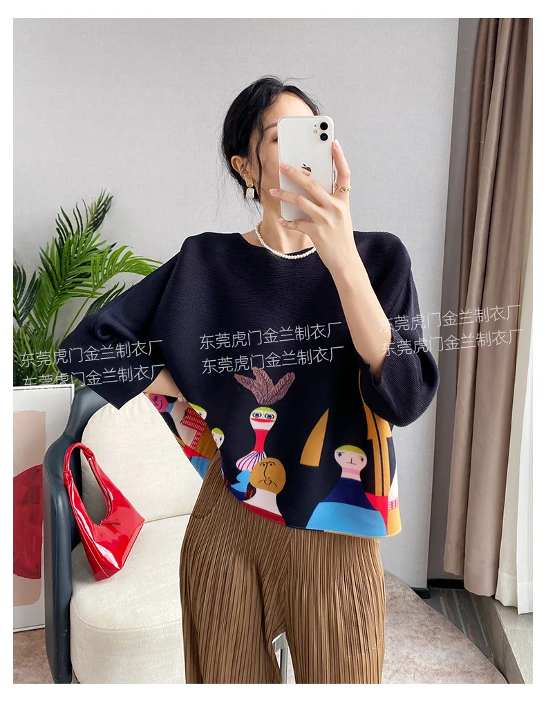 Miyake Pleated Women's Fashion Tops Loose Plus Size Hundred Matching Printed Seven-minute Sleeve T-shirt 2024 Spring Autumn New