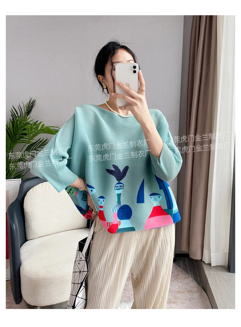 Miyake Pleated Women's Fashion Tops Loose Plus Size Hundred Matching Printed Seven-minute Sleeve T-shirt 2024 Spring Autumn New