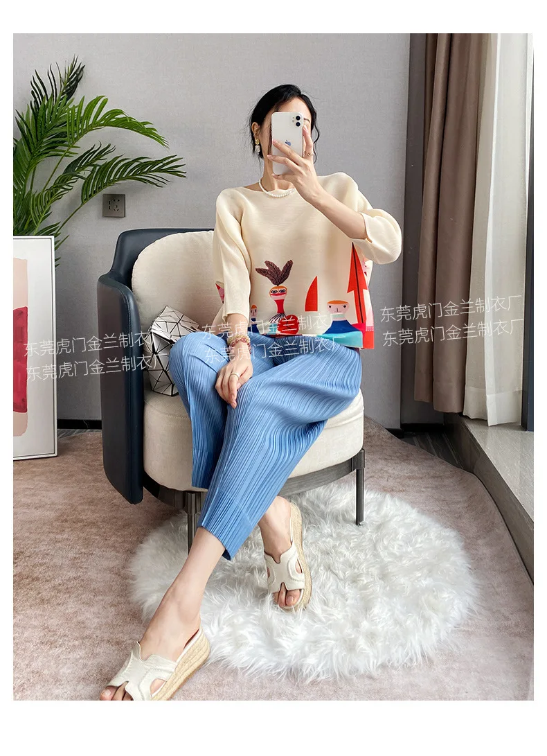Miyake Pleated Women's Fashion Tops Loose Plus Size Hundred Matching Printed Seven-minute Sleeve T-shirt 2024 Spring Autumn New