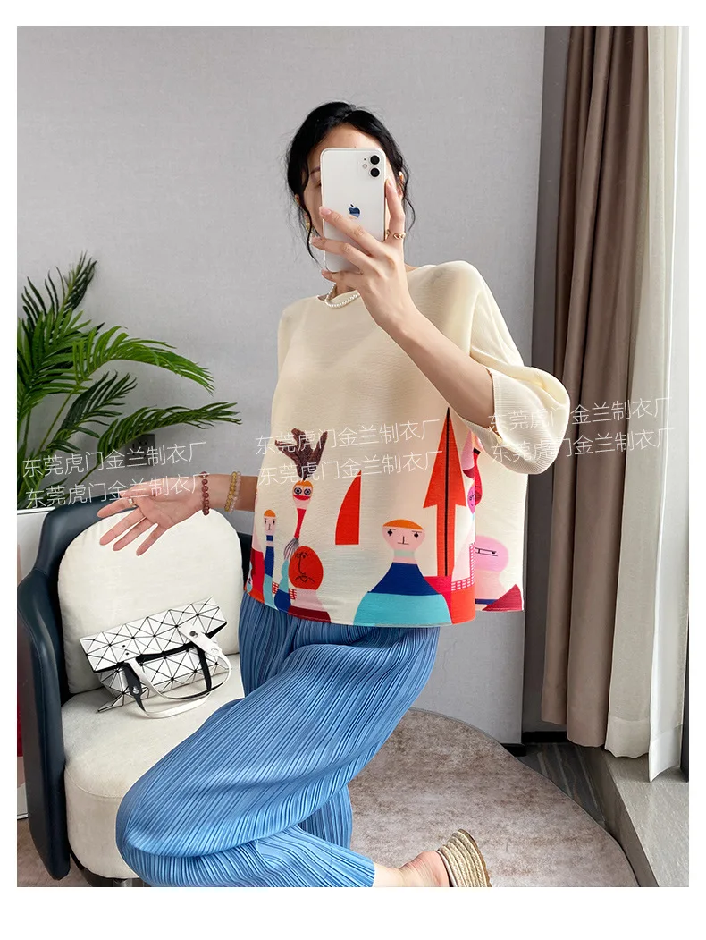 Miyake Pleated Women's Fashion Tops Loose Plus Size Hundred Matching Printed Seven-minute Sleeve T-shirt 2024 Spring Autumn New