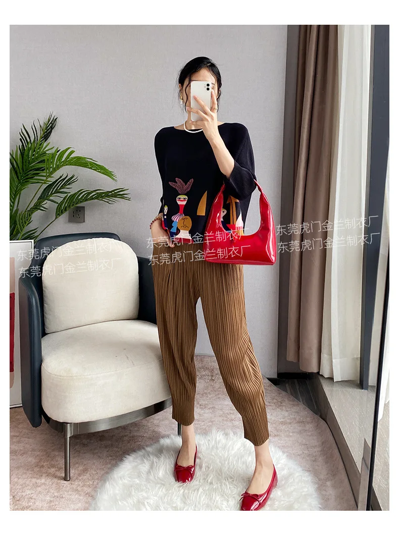 Miyake Pleated Women's Fashion Tops Loose Plus Size Hundred Matching Printed Seven-minute Sleeve T-shirt 2024 Spring Autumn New