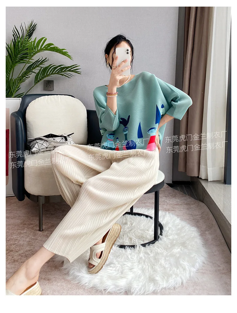 Miyake Pleated Women's Fashion Tops Loose Plus Size Hundred Matching Printed Seven-minute Sleeve T-shirt 2024 Spring Autumn New