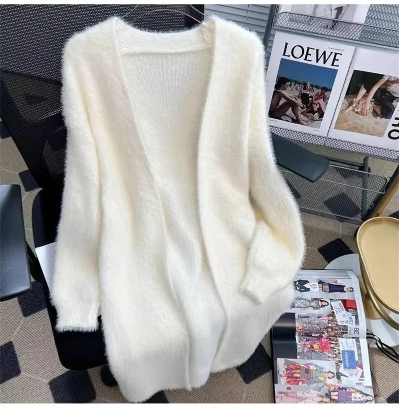 New Knitted Cardigan Sweater Women's Imitation Mink Fleece Long Loose Coat Lazy Wind Coat 2024 Autumn/Winter New Women