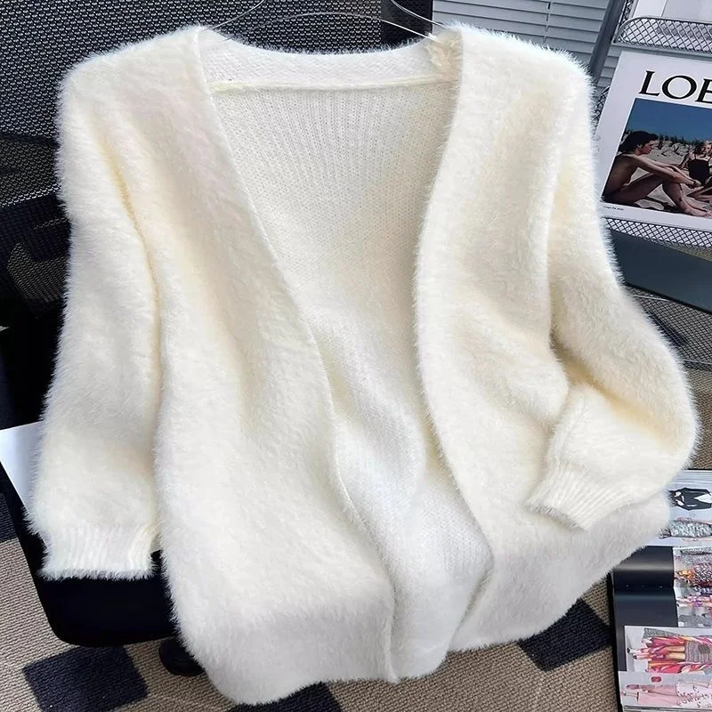 New Knitted Cardigan Sweater Women's Imitation Mink Fleece Long Loose Coat Lazy Wind Coat 2024 Autumn/Winter New Women
