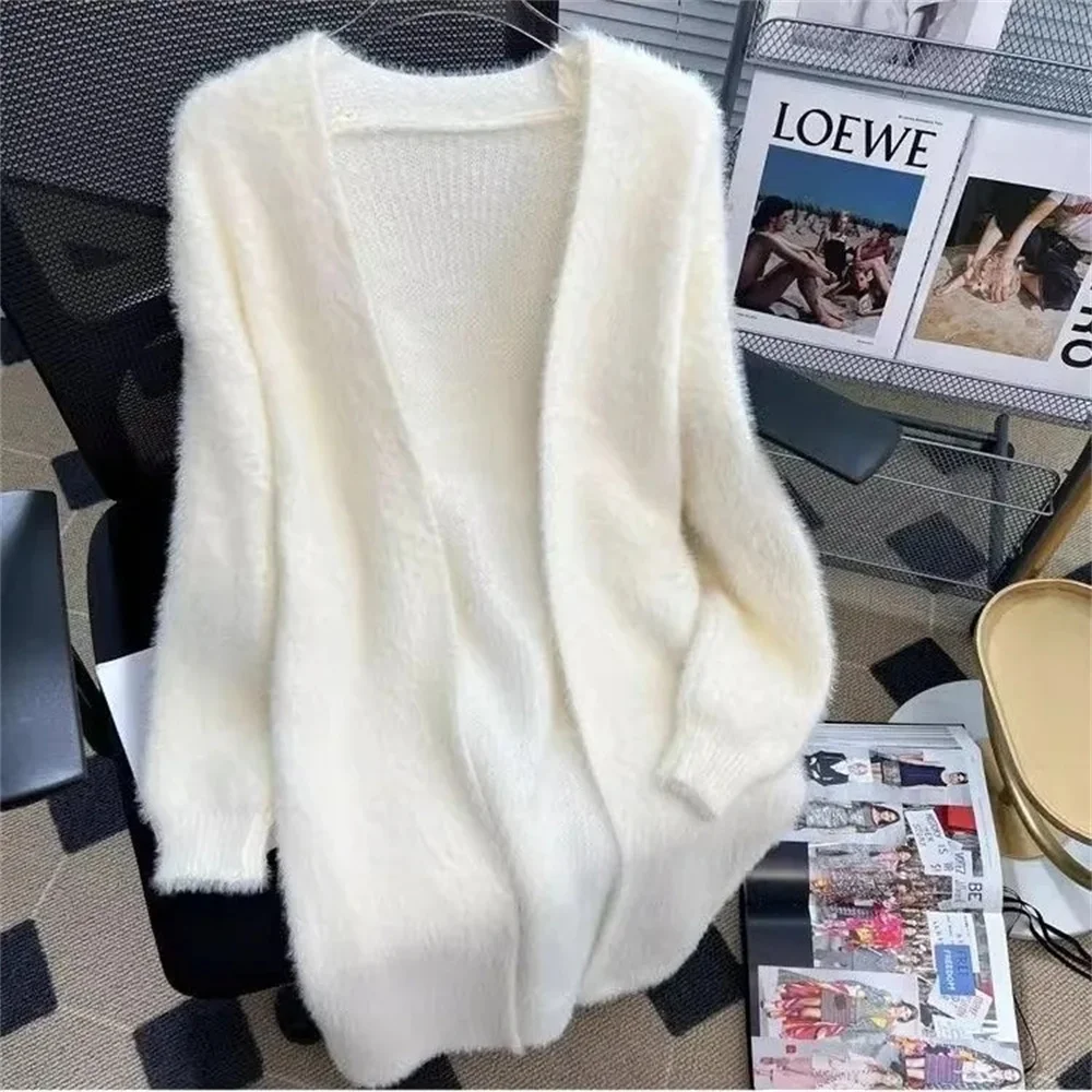 New Knitted Cardigan Sweater Women's Imitation Mink Fleece Long Loose Coat Lazy Wind Coat 2024 Autumn/Winter New Women