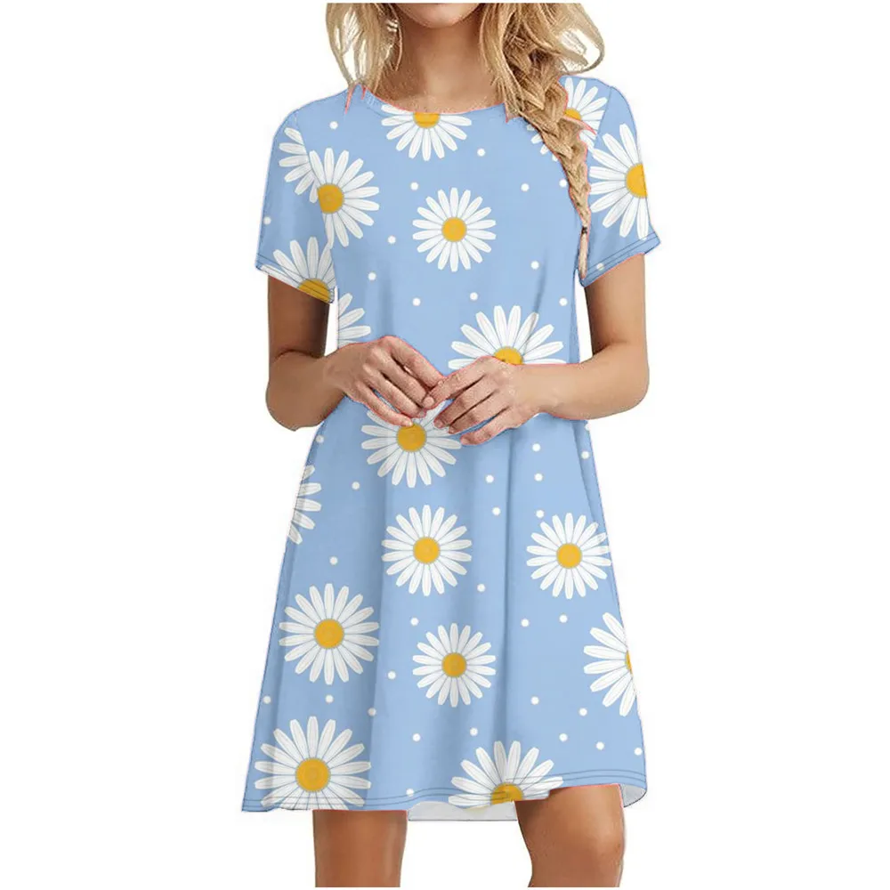 3D Daisy Print Dresses For Summer Plant Flowers Short Sleeve Dress Fashion O-Neck Loose Dress Oversized Women Casual Clothing