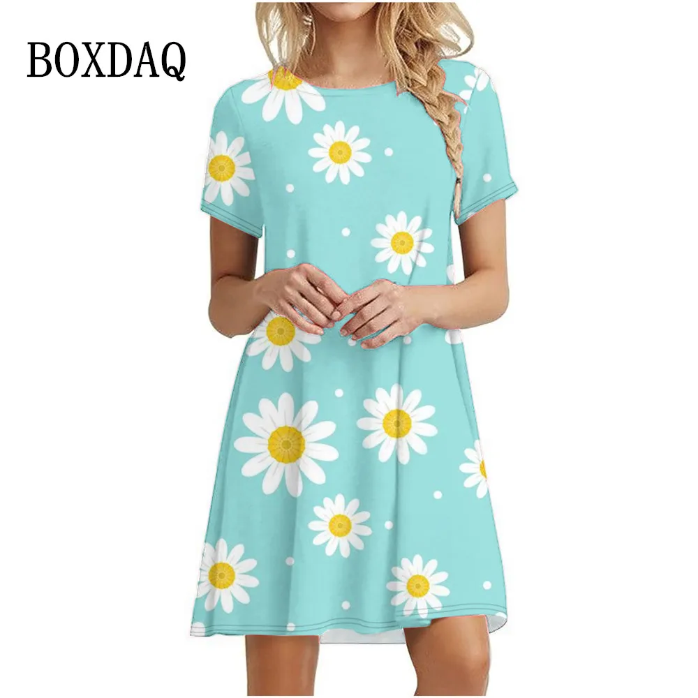 3D Daisy Print Dresses For Summer Plant Flowers Short Sleeve Dress Fashion O-Neck Loose Dress Oversized Women Casual Clothing