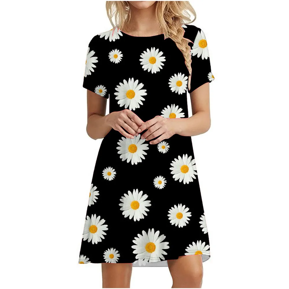 3D Daisy Print Dresses For Summer Plant Flowers Short Sleeve Dress Fashion O-Neck Loose Dress Oversized Women Casual Clothing