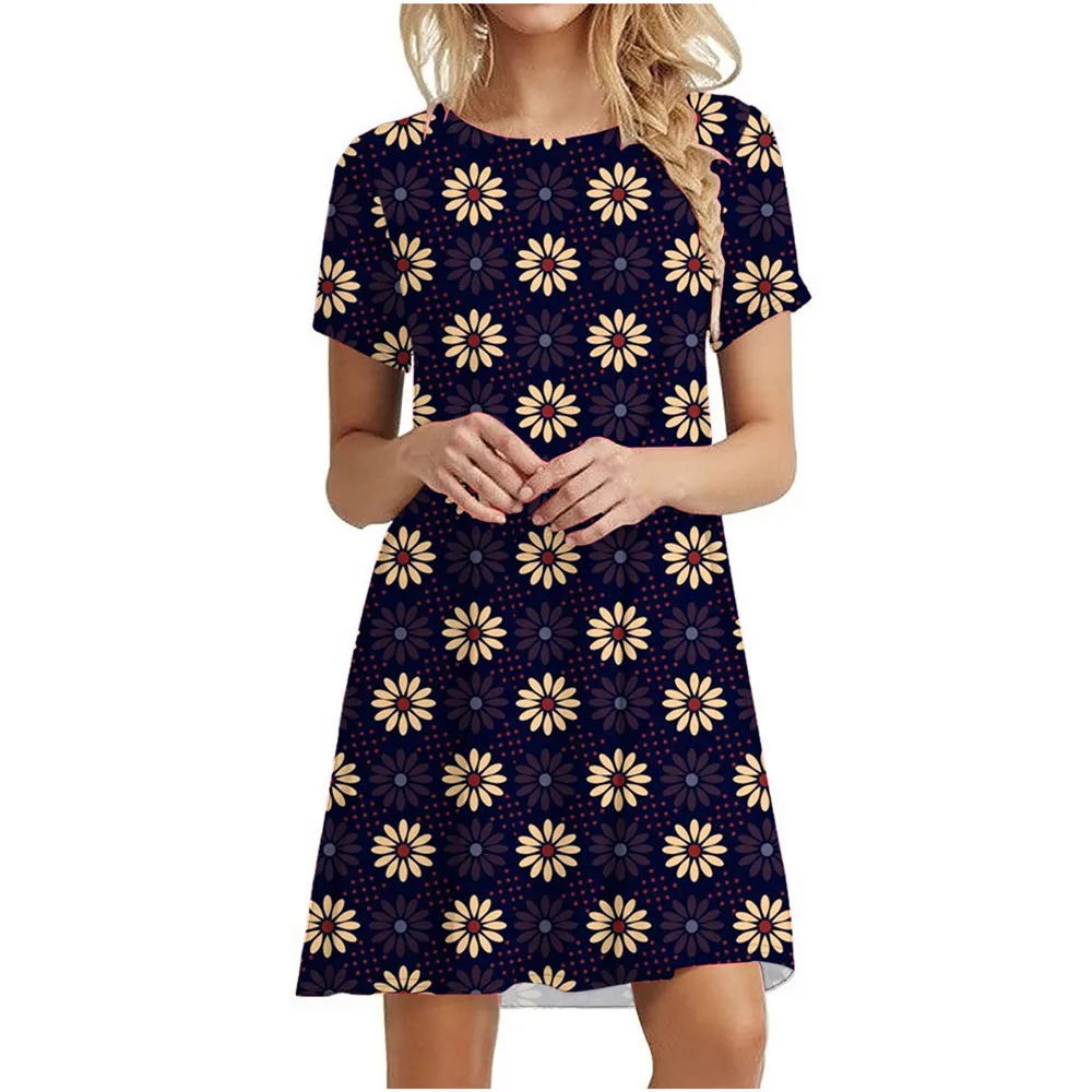 3D Daisy Print Dresses For Summer Plant Flowers Short Sleeve Dress Fashion O-Neck Loose Dress Oversized Women Casual Clothing