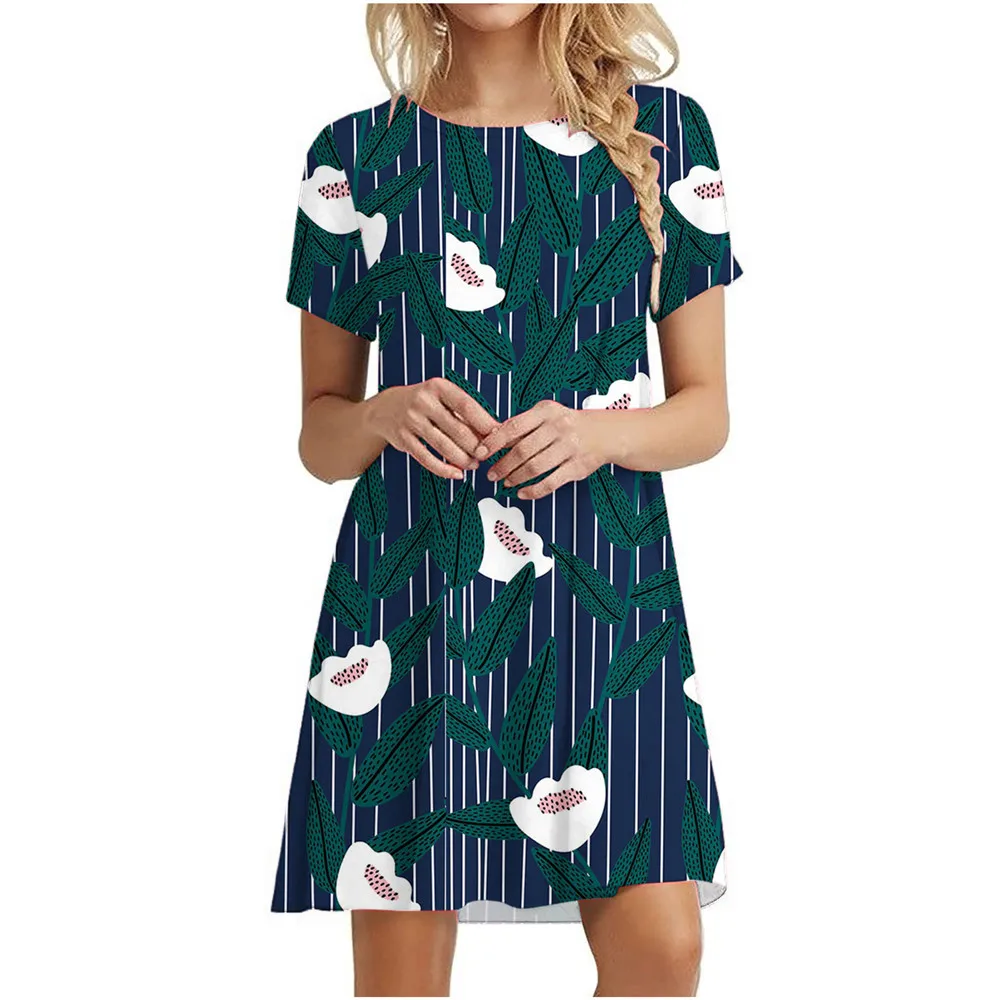 3D Daisy Print Dresses For Summer Plant Flowers Short Sleeve Dress Fashion O-Neck Loose Dress Oversized Women Casual Clothing