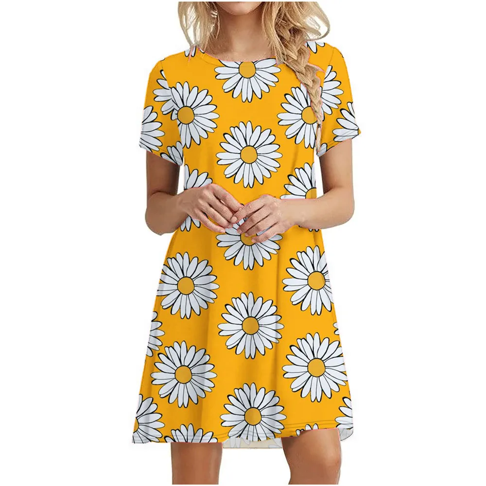 3D Daisy Print Dresses For Summer Plant Flowers Short Sleeve Dress Fashion O-Neck Loose Dress Oversized Women Casual Clothing