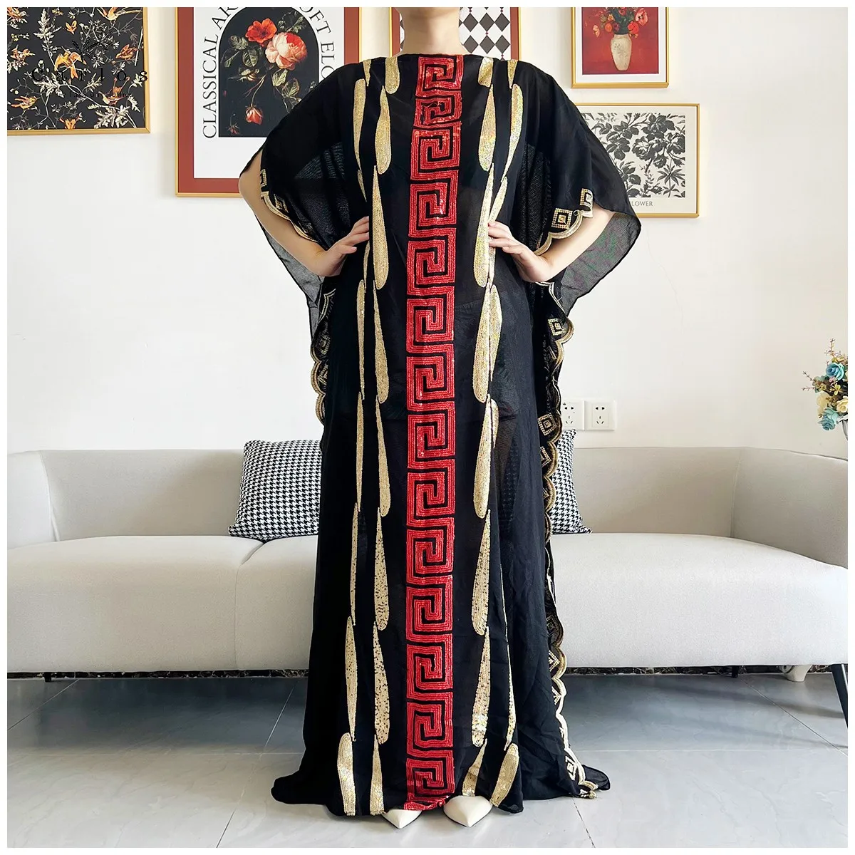 2026 Women Muslim Sequin Embroidery Long Black Lady Clothes Fashion New Arrival African Embroidery Flower Dresse With Scarf