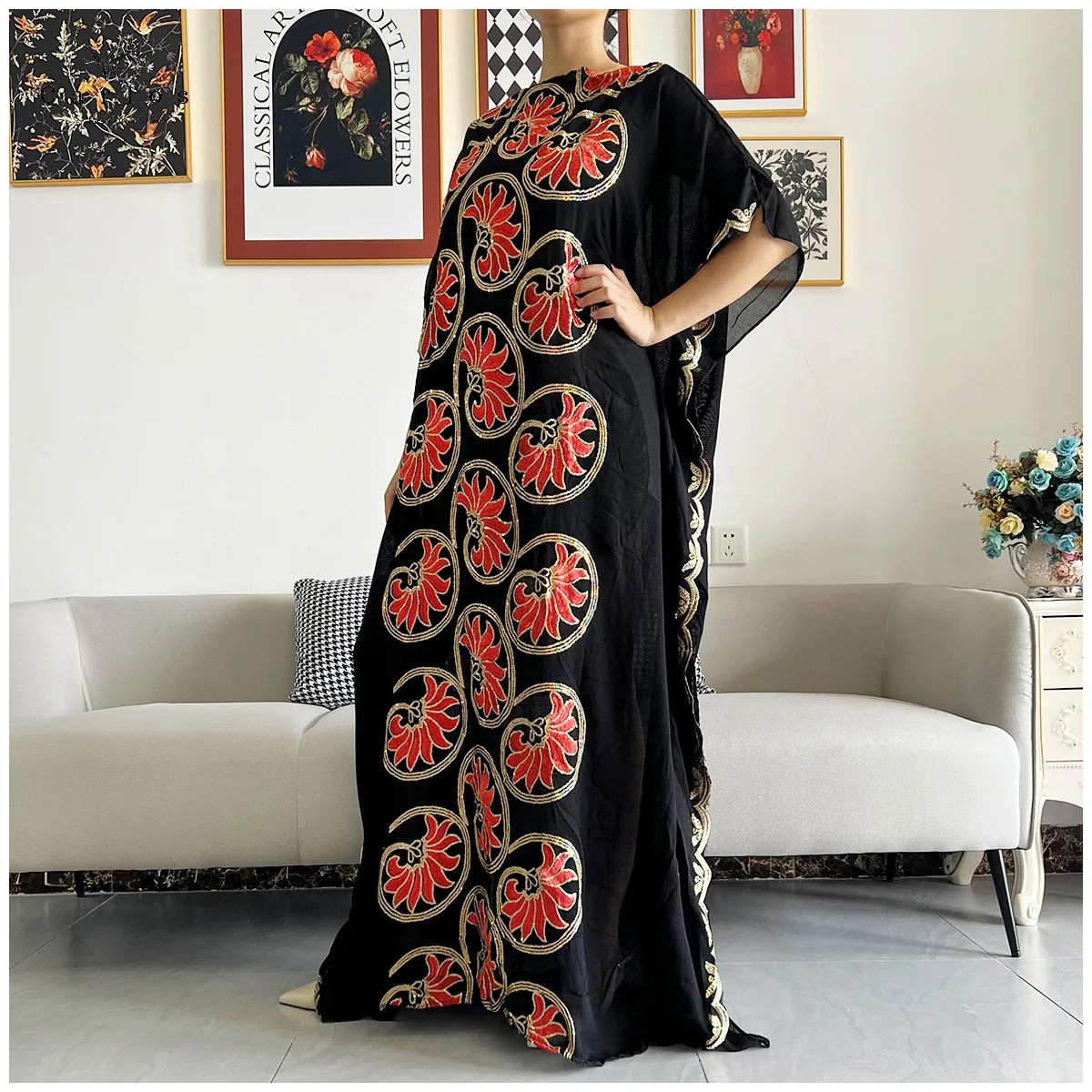 2026 Women Muslim Sequin Embroidery Long Black Lady Clothes Fashion New Arrival African Embroidery Flower Dresse With Scarf