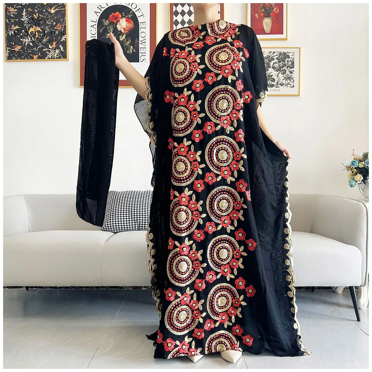2026 Women Muslim Sequin Embroidery Long Black Lady Clothes Fashion New Arrival African Embroidery Flower Dresse With Scarf